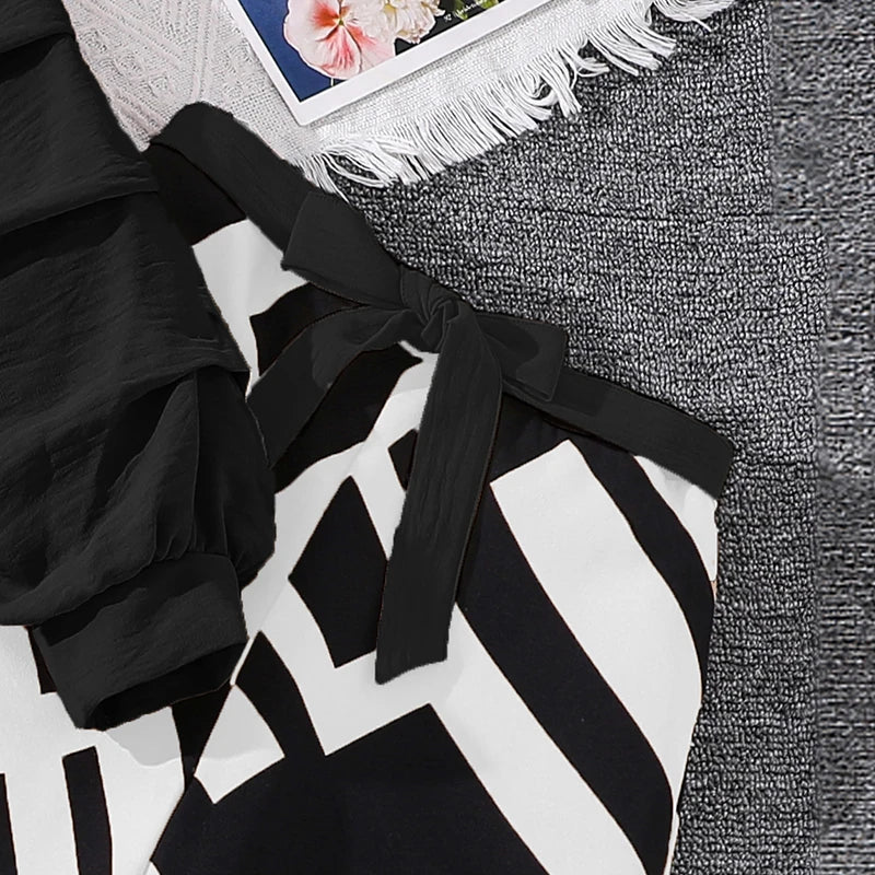 M&T Wear - Kids Clothing Sets For Girls Khaki Off-shoulder Long sleeve Top & Stripe Printing Pants Summer Resort Style Children Suits OOTD