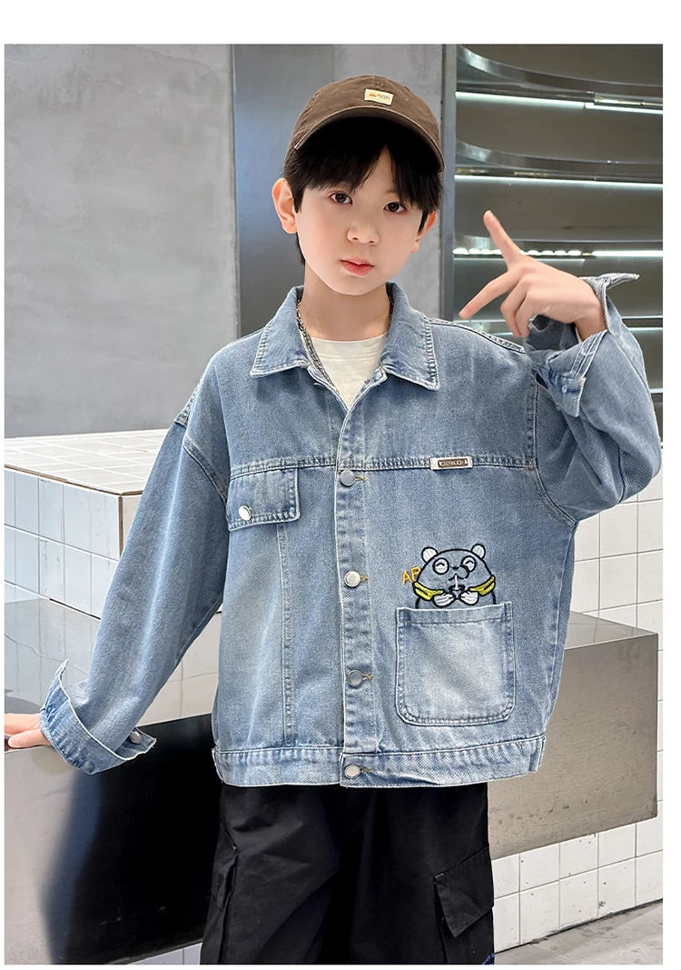 M&T Wear - Kids Denim Jacket Boys Jeans Coat Clothing Fashion Baby Boy Denim Jacket With Cartoon Embroidery Child Casual Streetwear Outfit