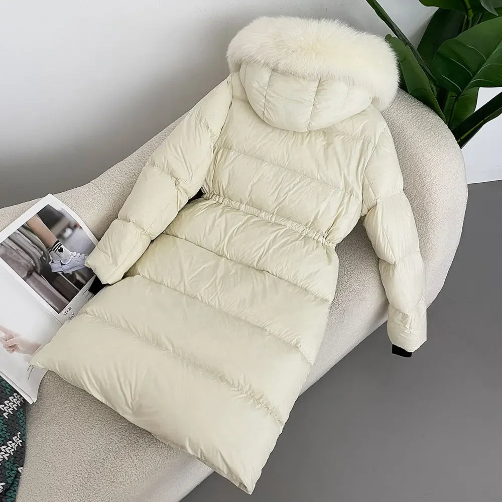 M&T Wear - Luxury Real Fox Fur Hooded White Duck Down Long Coat
