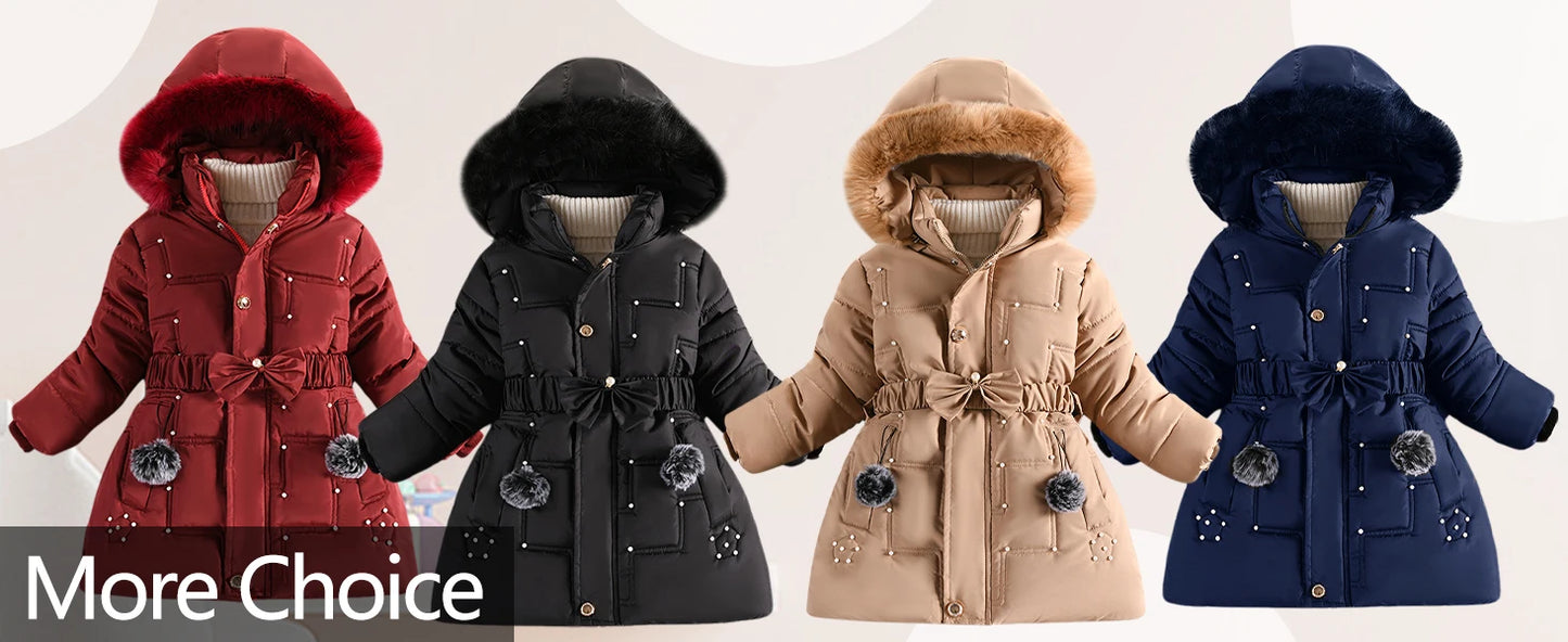 M&T Wear - Children's Winter Jacket Thick Warm Fur Collar Hood Beads Elastic Waist Teens Girls Down Coat,Fashion Windproof Kids Overcoat