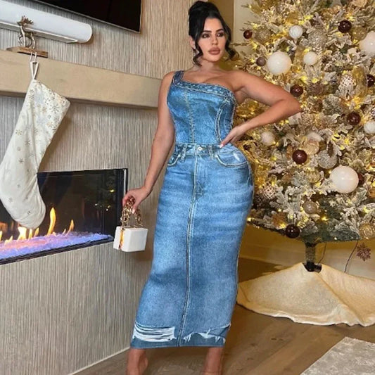 M&T Wear- Fake Denim 3D Print One Shoulder Bodycon Maxi Dress Women 2025 Party Night Sleeveless Clubwear Birthday Long Dresses Vestido
