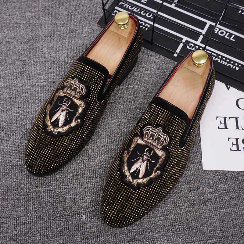M&T Wear - New Shoes for Men Leather Casual Shoes Luxury Pointed Toe Party Dress Shoes Street Trend Slip-on Rhinestone Crown Loafers
