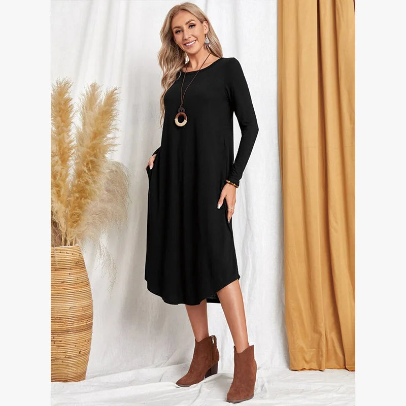 Women's 2025 Fall Winter Knit Dress - Solid Color Swing Dress with Side Pockets, Casual A-Line Tunic Dress