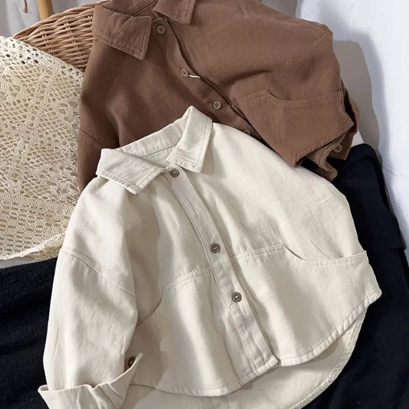 M&T Wear - Korean Children's Clothes 2025 Cotton Solid Color Long Sleeve Shirt for Boy 2-6Y Kids Blouse for Girls Loose Fit Casual Shirt
