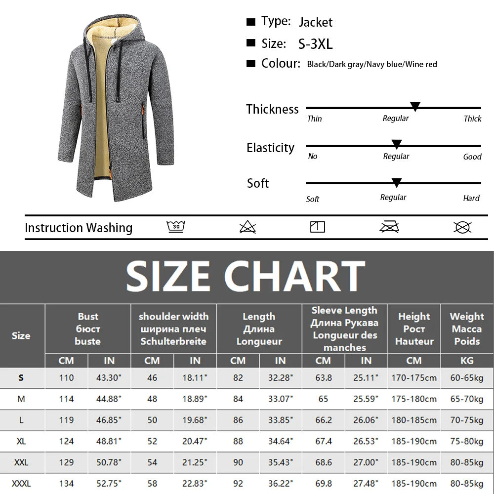 M&T Wear - Winter Men's Long Overcoat Jackets Casual Hooded Cardigans Men Outwear Liner Thickened Warm Hoodies Oversize Winter Top Jacket