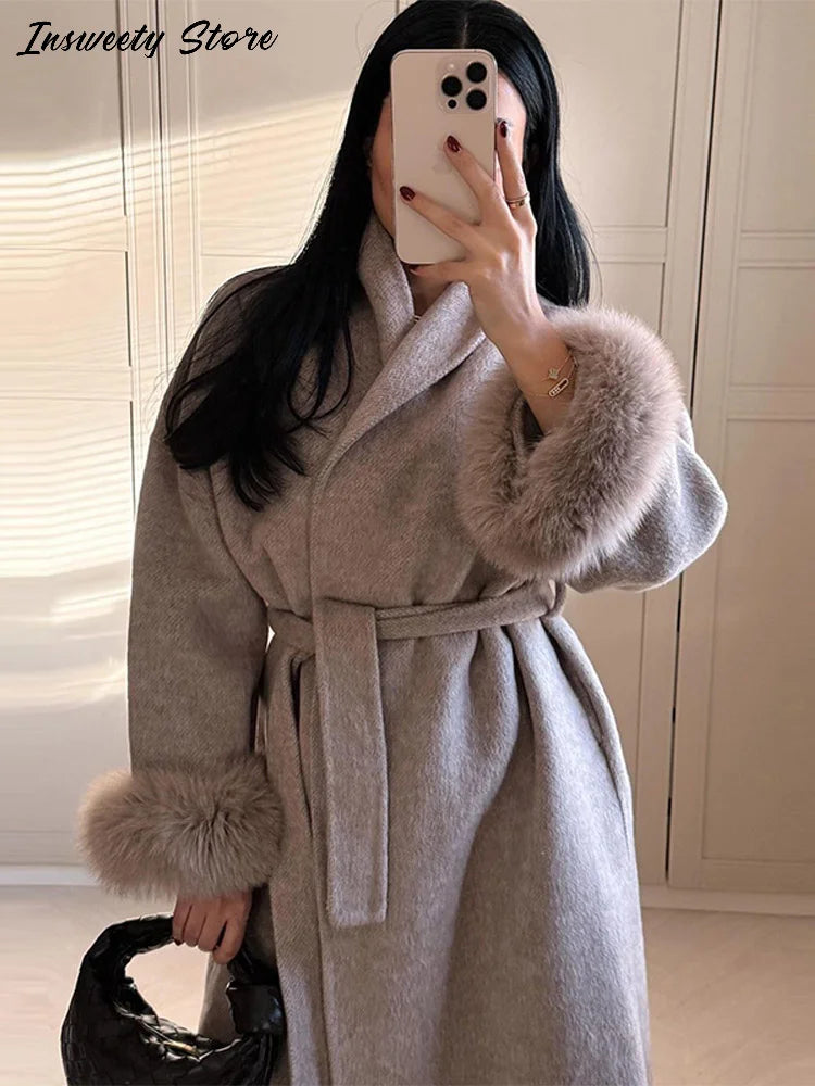 Elegant Solid Long Overcoat Women Turn-down Collar Lace Up Full Sleeve Classic Warm Coat 2025 New Lady Autumn Winter Casual Wear
