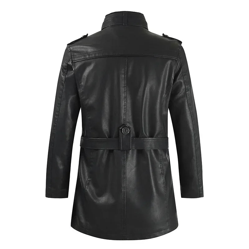 M&T Wear - Biker Jaqueta Winter Men's Thick Fleece Long Leather Jacket Coat mens Outwear Fashion Leather Warm Casual Vintage Jackets