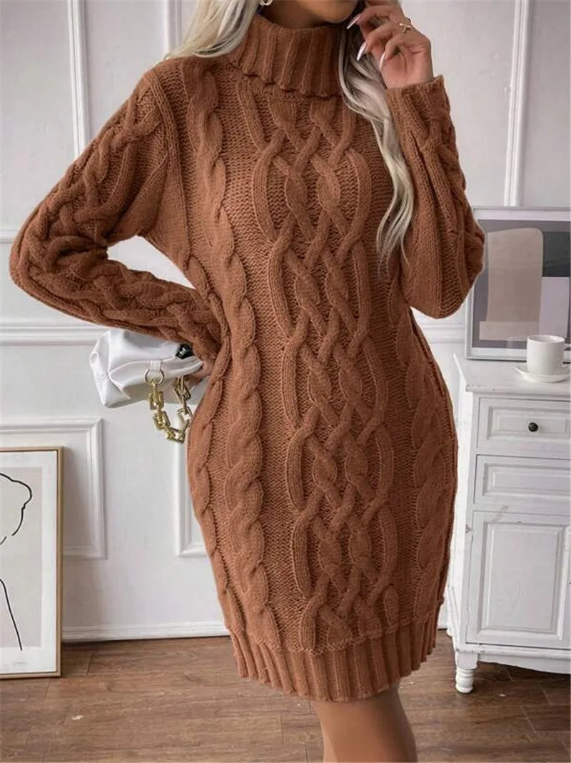 M&T Wear - Simple Slim-Fit High-Neck Mini Sweater Dress