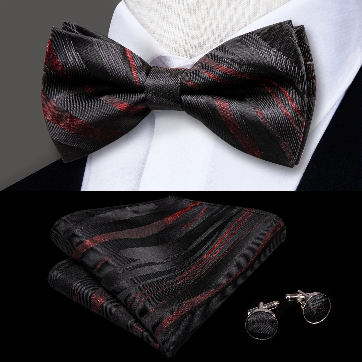 Hi-Tie 60 Color Classic Bow Ties for Men Silk Butterfly Pre-Tied Male Bowtie Pocket Square Cufflinks Set Jacquard Paisley Floral
