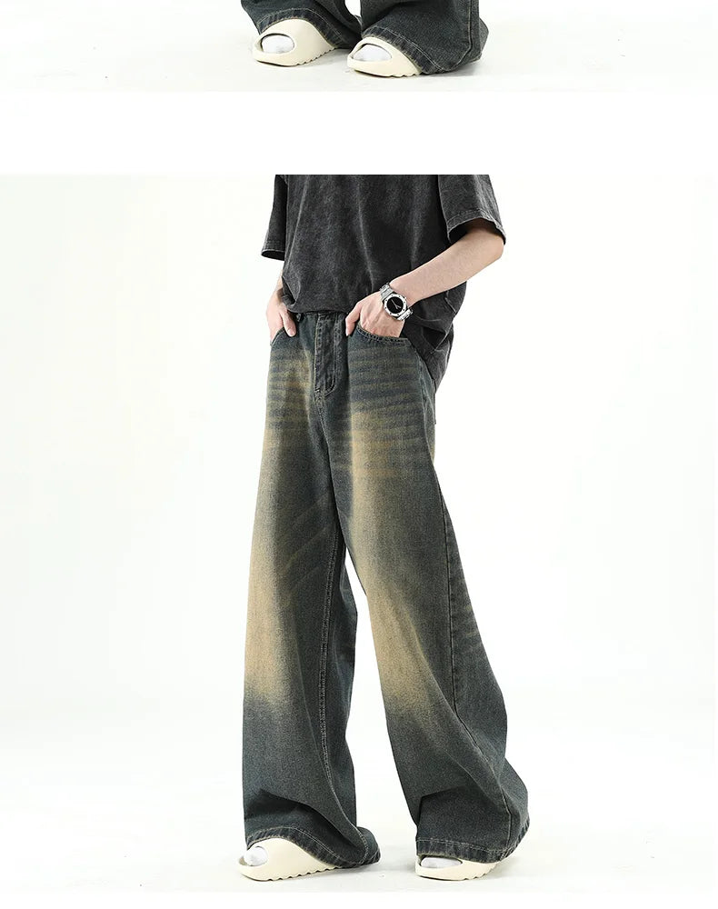M&T Wear - Men Denim Pants Old Blue Washed Male Jeans Straight Casual Menswear Loose Wide Leg Trousers New Fashion Korean High Street Denim