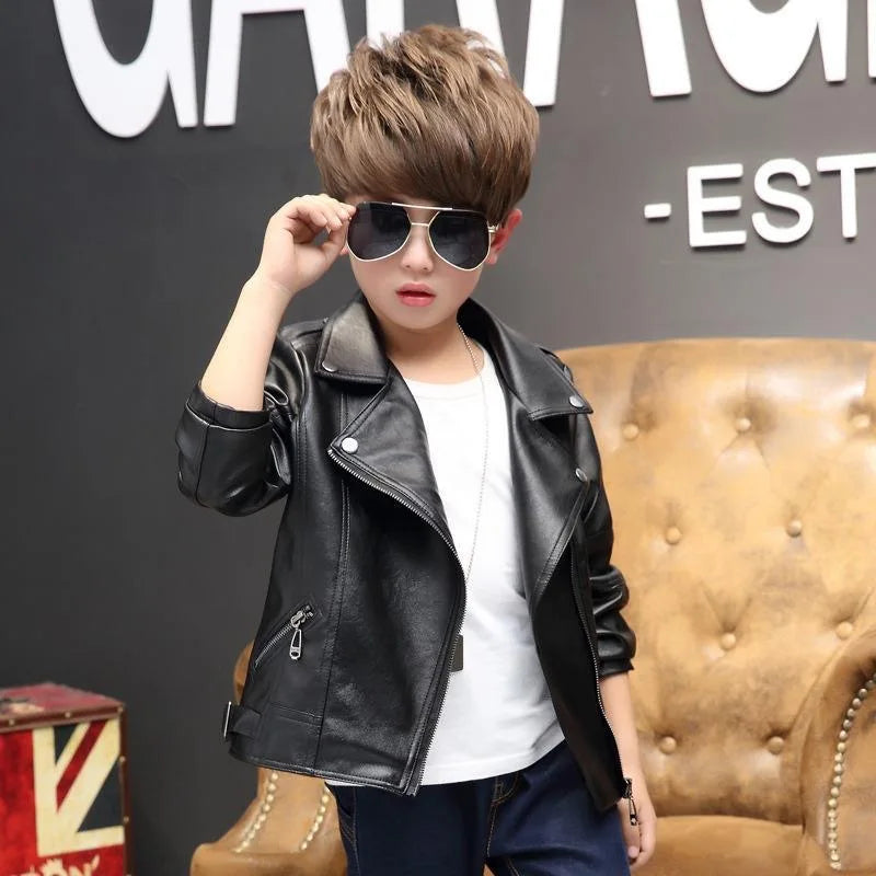 M&T Wear -  faux leather Jacket Children PU Coat Long Sleeve Zip Belt Locomotive Jacket Stylish Teen Kids Boys Jackets