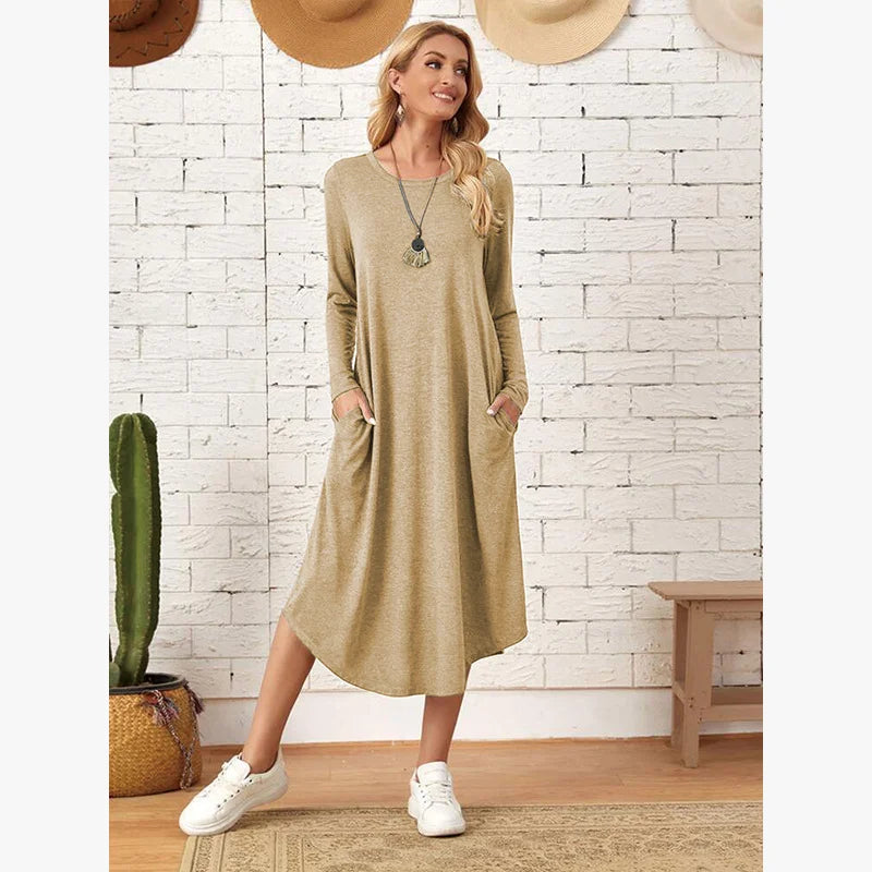 Women's 2025 Fall Winter Knit Dress - Solid Color Swing Dress with Side Pockets, Casual A-Line Tunic Dress