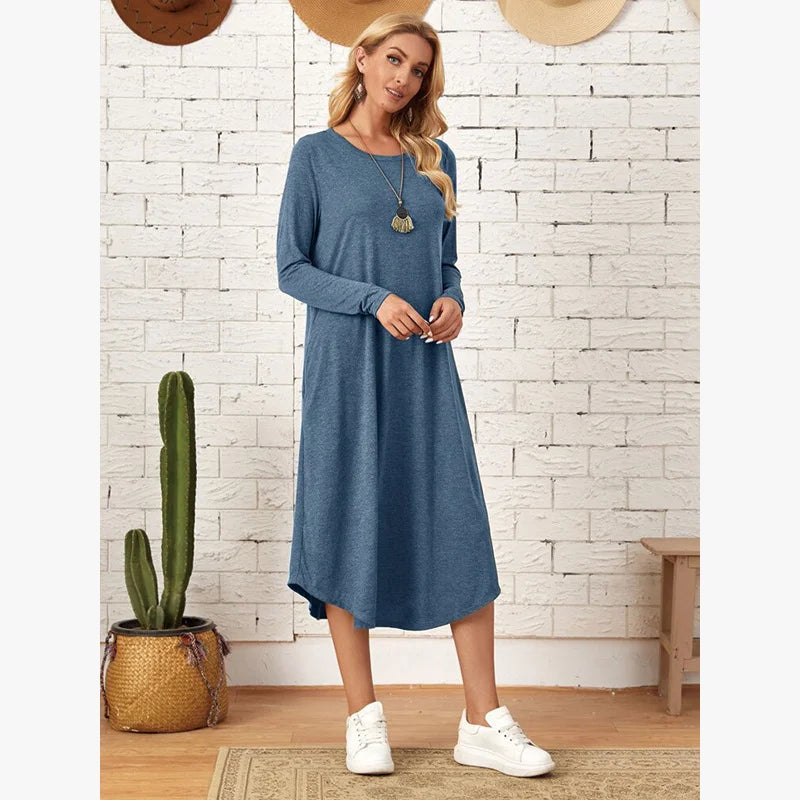 Women's 2025 Fall Winter Knit Dress - Solid Color Swing Dress with Side Pockets, Casual A-Line Tunic Dress