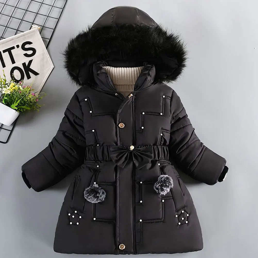 M&T Wear - Children's Winter Jacket Thick Warm Fur Collar Hood Beads Elastic Waist Teens Girls Down Coat,Fashion Windproof Kids Overcoat