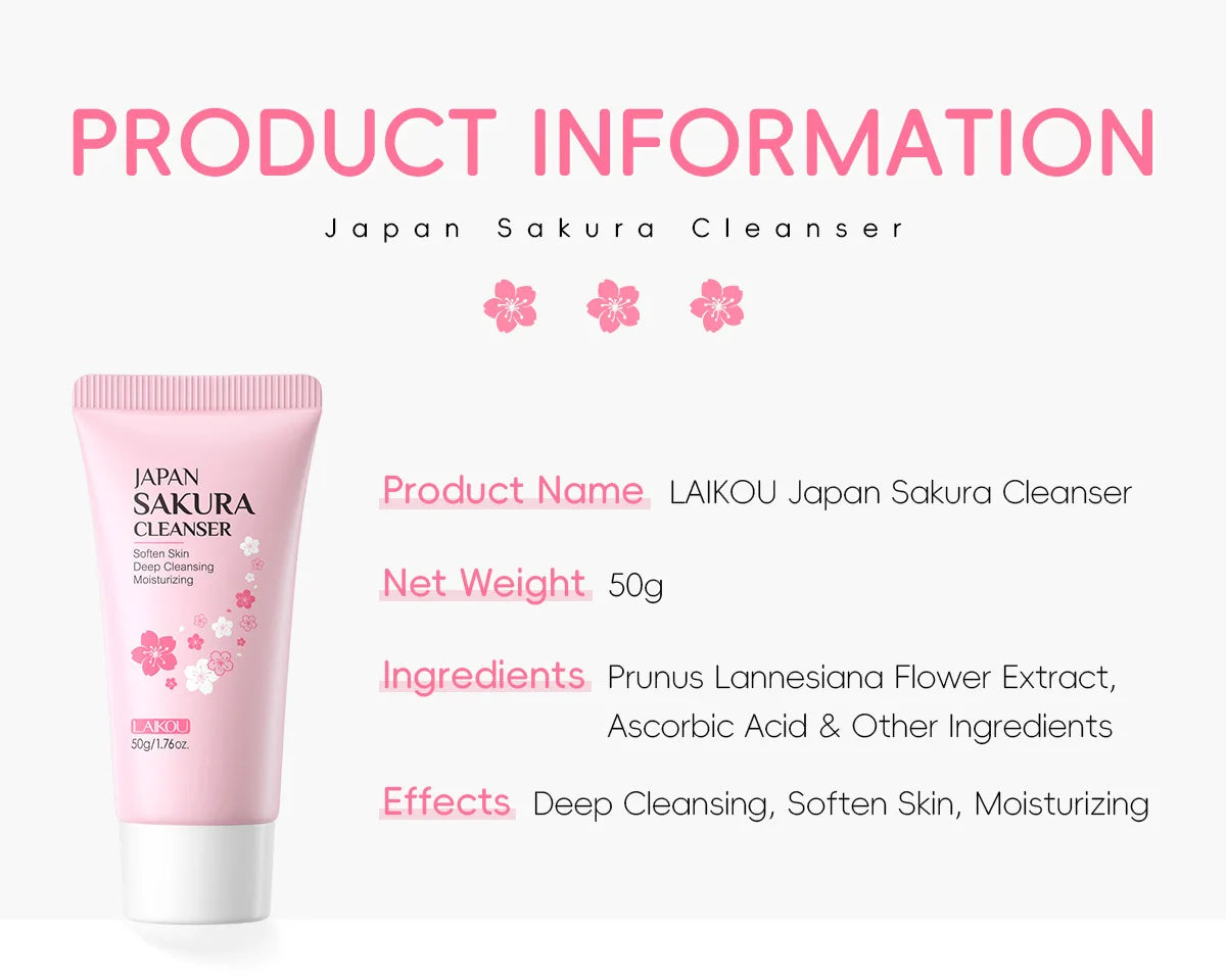 LAIKOU Sakura Cleanser Gentle Deep Cleaning Oil Control Moisturizing Shrink Pores Face Skin Care 50g Skin Cleanser All Skin Type