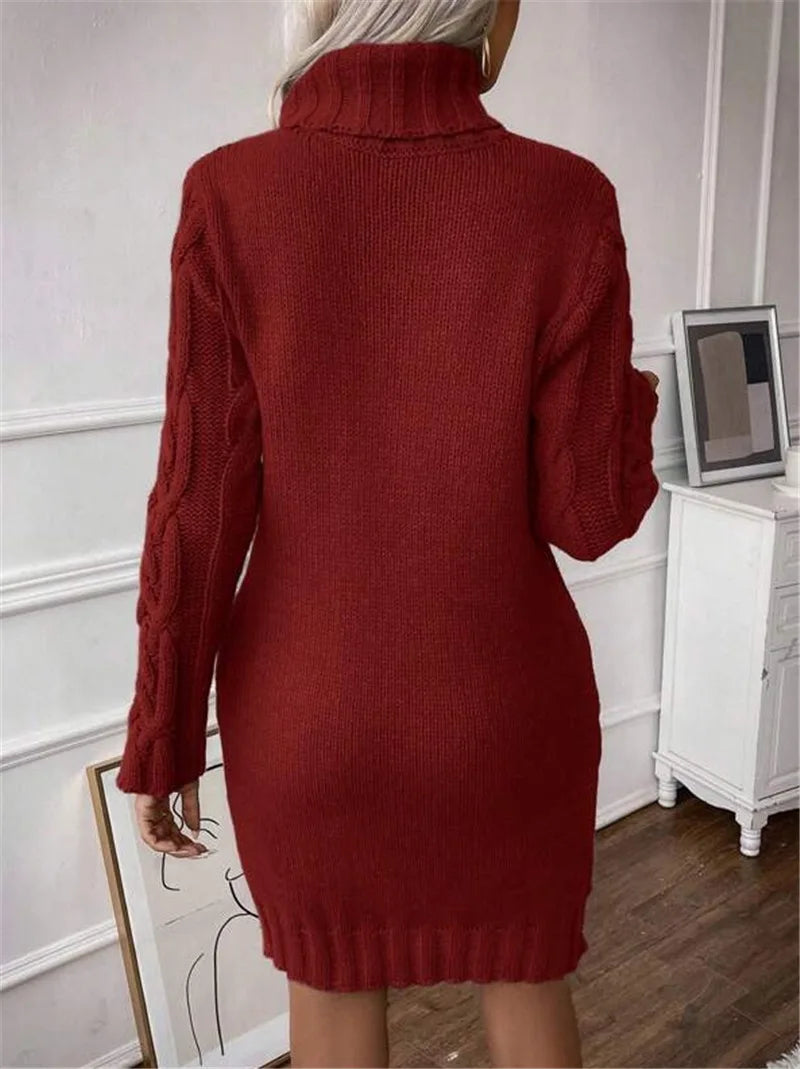 M&T Wear - Simple Slim-Fit High-Neck Mini Sweater Dress