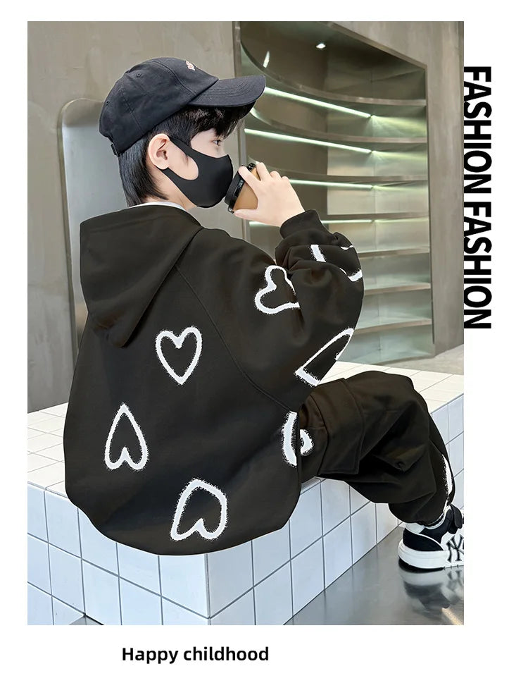 M&T Wear - Tracksuits for Kids 2025 Autumn Heart Print Casual School Boys Girls Hoodies+Pants Suits 5-14Years Teen Children Clothes Outfits