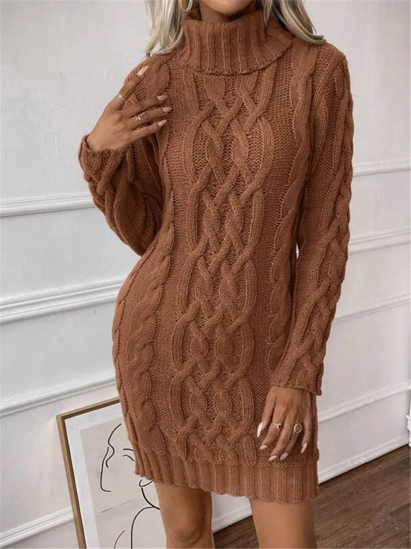 M&T Wear - Simple Slim-Fit High-Neck Mini Sweater Dress