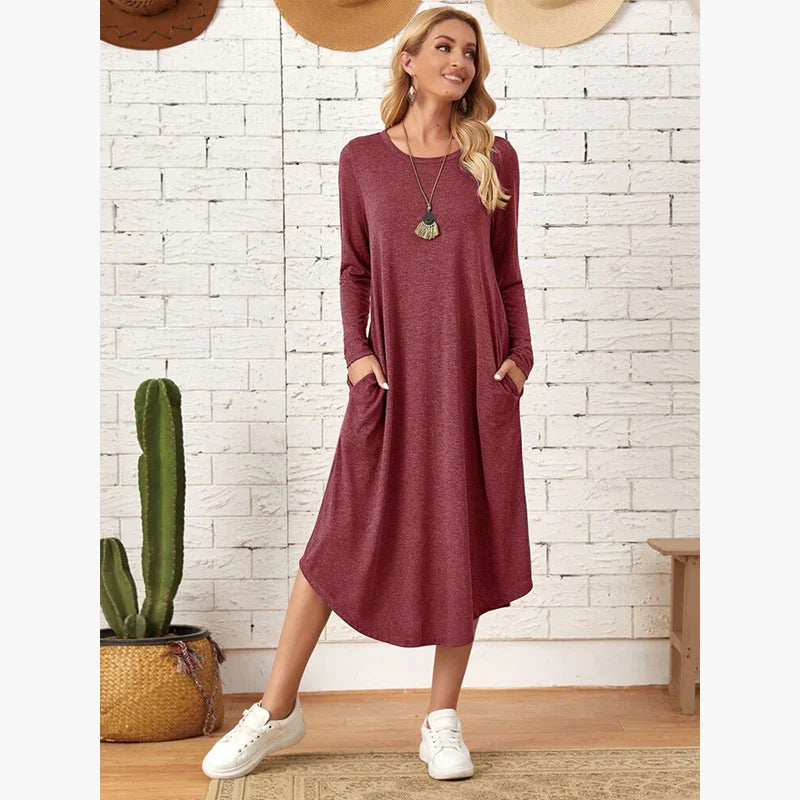 Women's 2025 Fall Winter Knit Dress - Solid Color Swing Dress with Side Pockets, Casual A-Line Tunic Dress