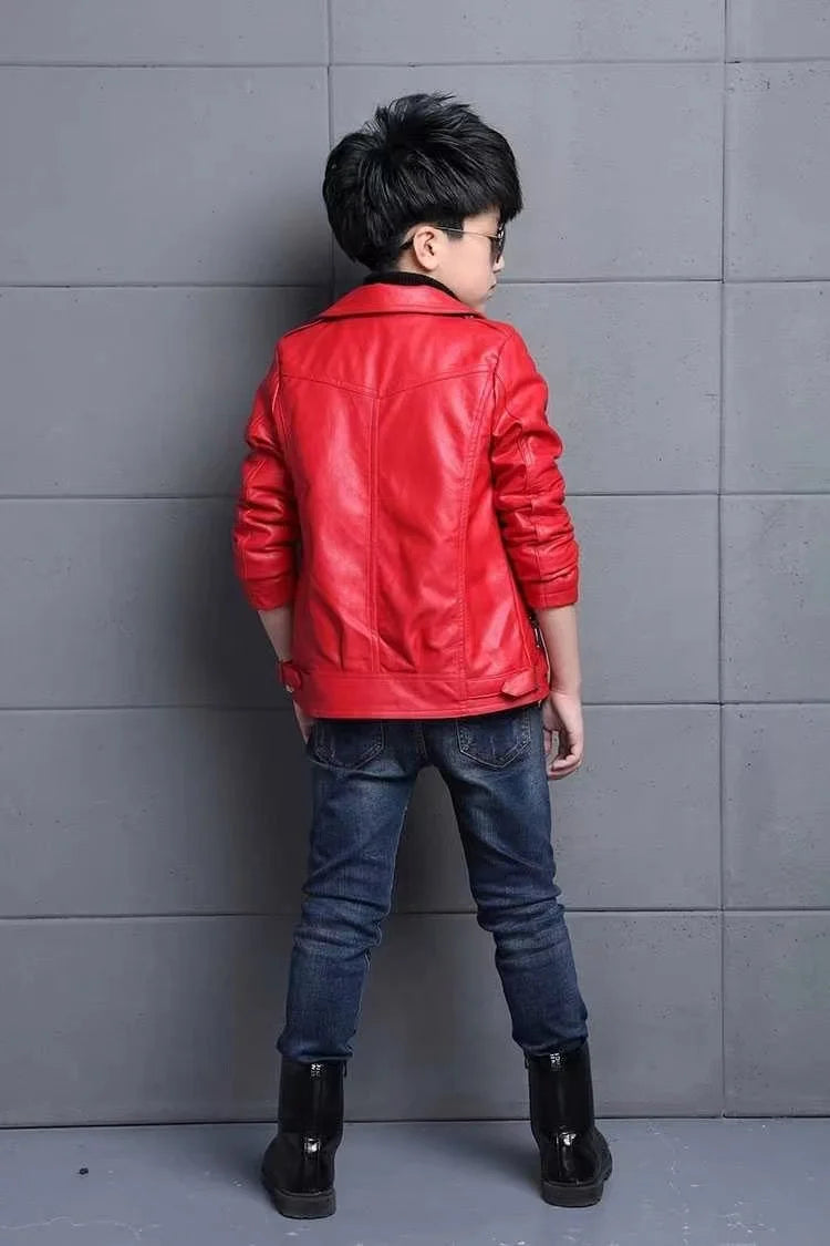 M&T Wear -  faux leather Jacket Children PU Coat Long Sleeve Zip Belt Locomotive Jacket Stylish Teen Kids Boys Jackets