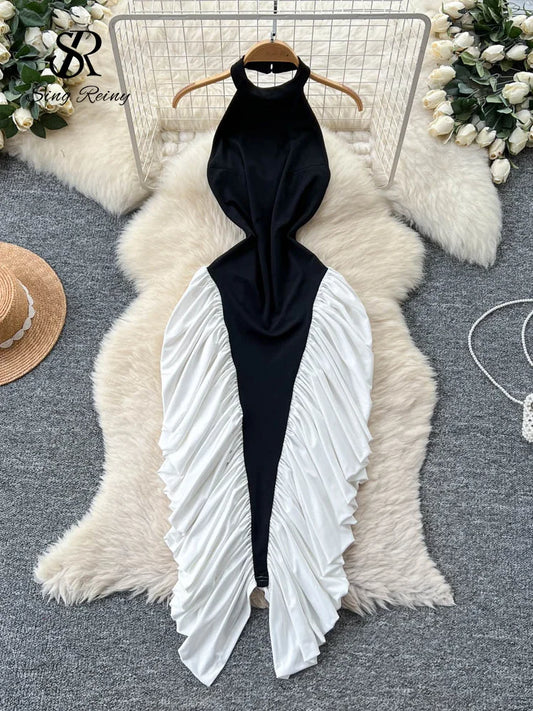 M&T Wear - American Sexy Halter Dress Female Sleeveless Backless Trendy Patchwork Irregular Long Dress