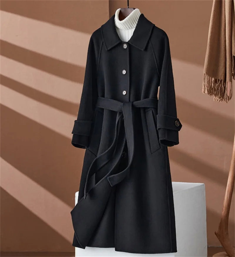 100% Wool Coat Women's Wear 2024 Autumn/Winter Fashion Temperament Double sided Cashmere Coats with Belt Elegant Long Overcoat