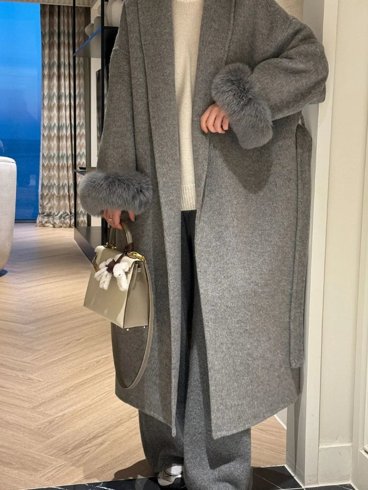 Elegant Solid Long Overcoat Women Turn-down Collar Lace Up Full Sleeve Classic Warm Coat 2025 New Lady Autumn Winter Casual Wear