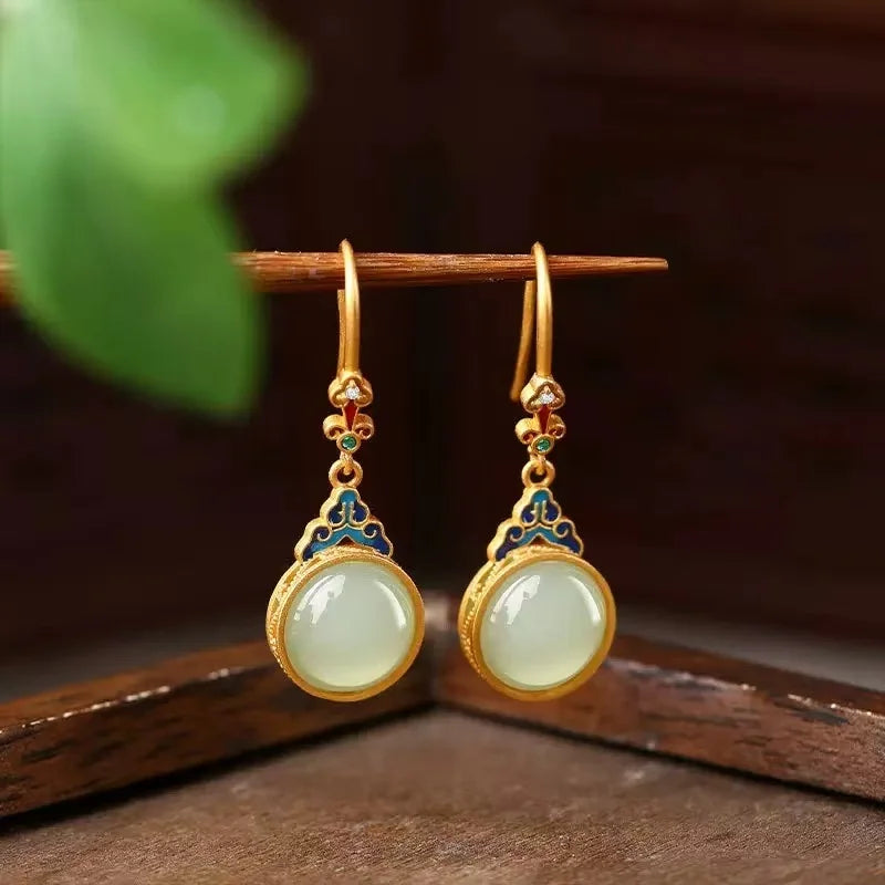 M&T Wear - Vintage Gilded Enamel Water-Drop Jade Earrings
