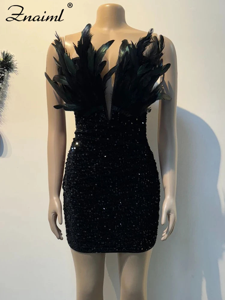 M&T Wear - Luxury Birthday Women’s Feathers Sequin Strapless Deep V-neck Black Bodycon Mini Dresses Sexy Club Party Night Prom Robe