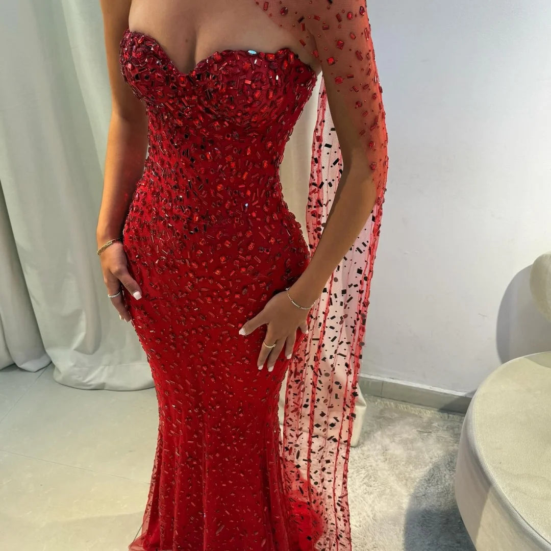 M&T Wear - Sansa Customized Red Mermaid Glitter Strapless Prom Dresses Floor