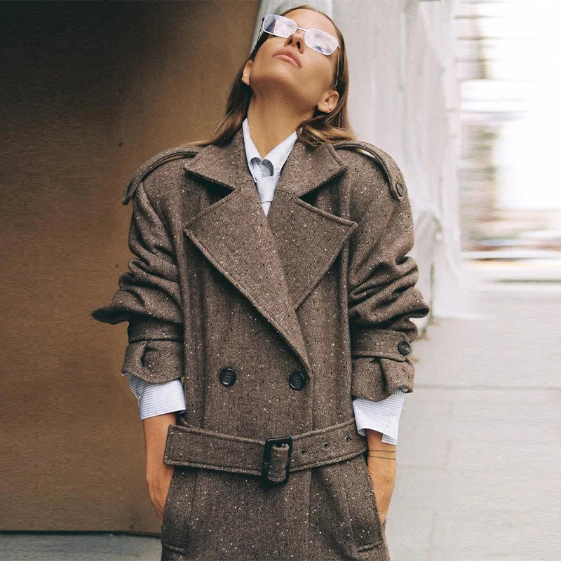 M&T Wear - Elegant Lace-Up Double-Breasted Long Wool Overcoat