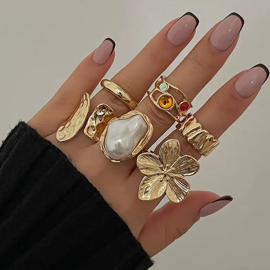 M&T Wear - Irregular Metal Flower & Pearl Ring Set for Women
