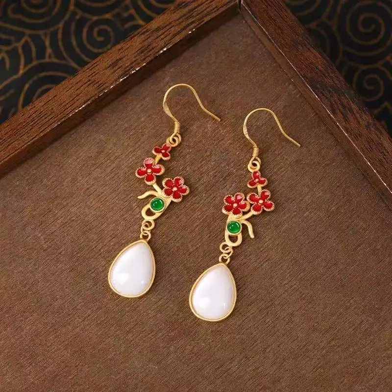 M&T Wear - Vintage Gilded Enamel Water-Drop Jade Earrings