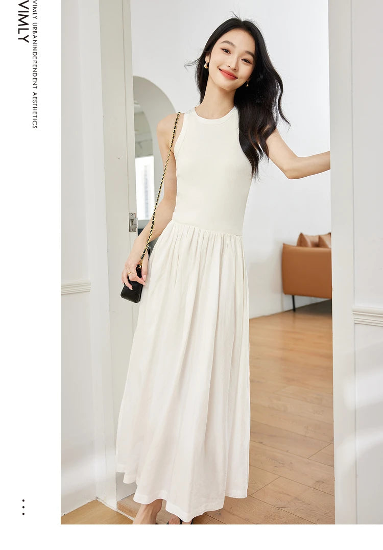 M&T Wear - VIMLY Women White Knit Vest Long Dresses Summer New Simple Elegant Sleeveless Waisted Temperament Party Evening A-Line Dress