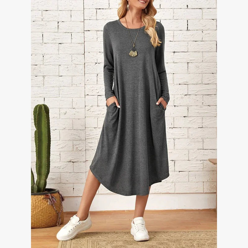 Women's 2025 Fall Winter Knit Dress - Solid Color Swing Dress with Side Pockets, Casual A-Line Tunic Dress
