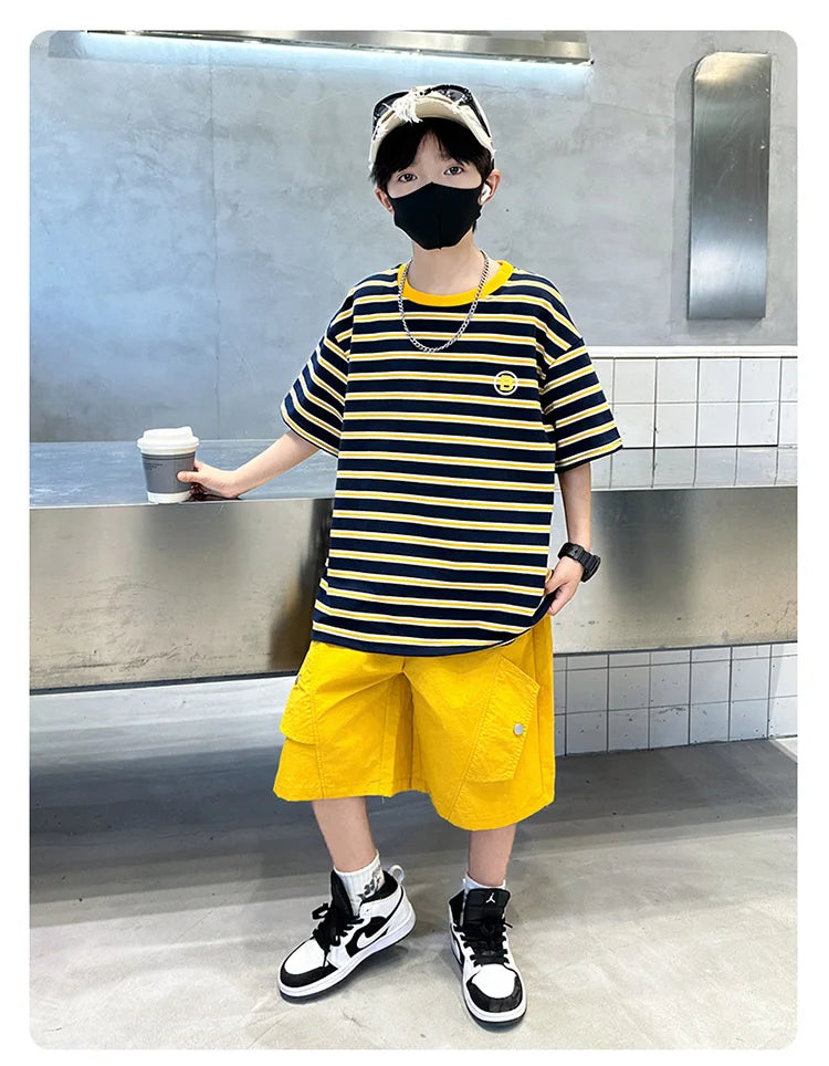 M&T Wear - Kids Striped Summer Suit for Boy with Shorts 2 Piece Cotton Clothing Set Children Top and Bottom Clothes Set Tracksuit Age 5-14Y