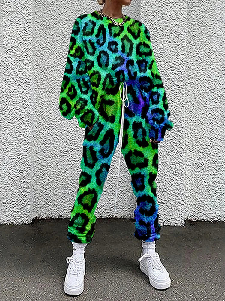 M&T Wear - Women Tracksuit Hipster Street Style Colorful Leopard Printed Casual Full Sleeve O Neck Sweatshirt + Drawstring Pants Two-pieces