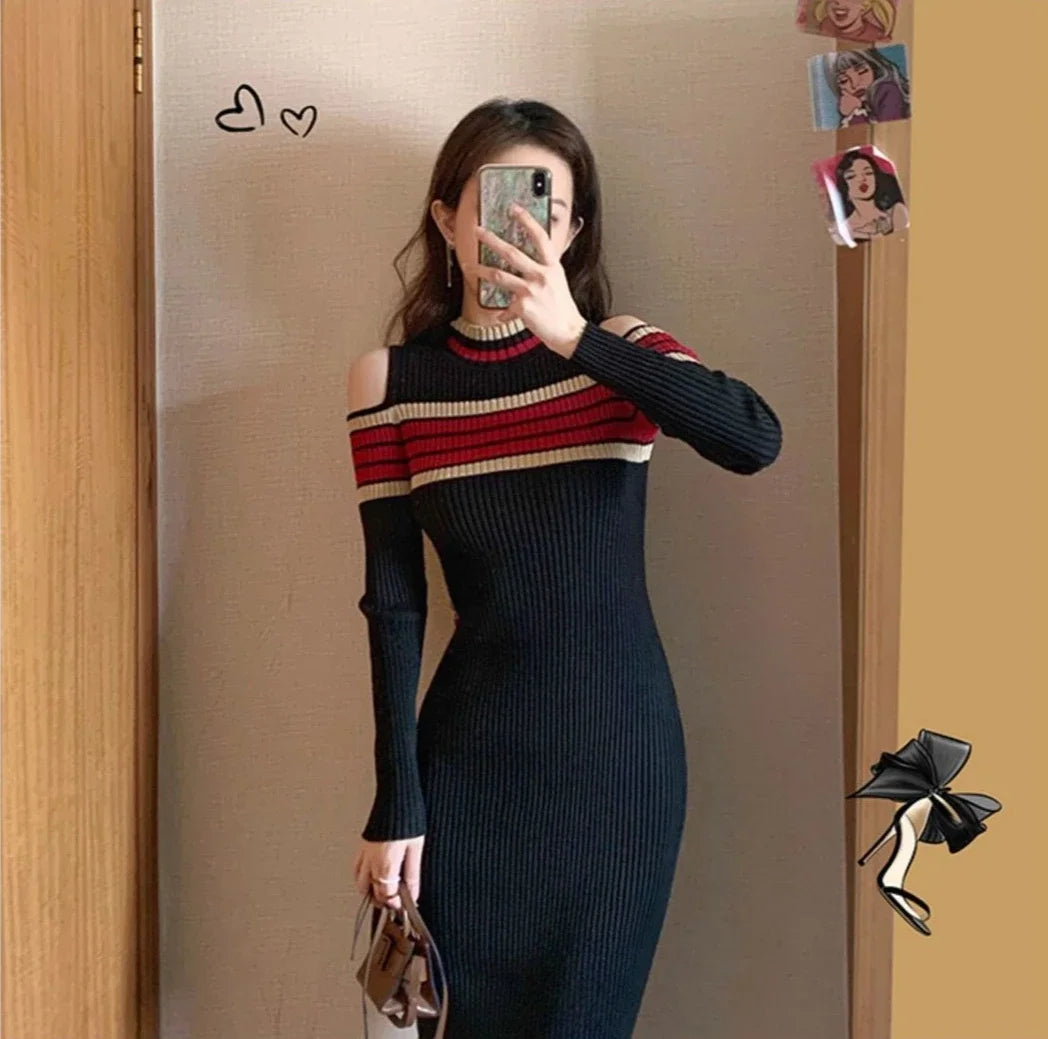M&T Wear - Elegant Striped Bodycon Crochet Dress
