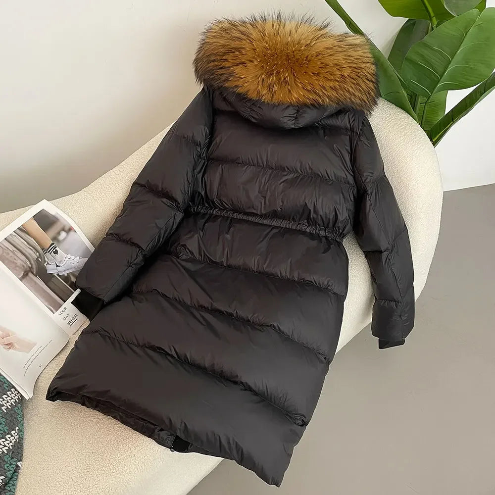 M&T Wear - Luxury Real Fox Fur Hooded White Duck Down Long Coat