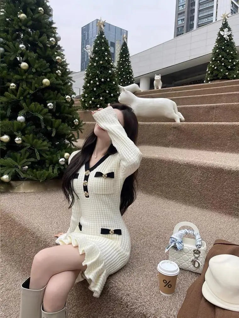 M&T Wear - Elegant V-Neck Slim Fit Knit Mini Dress