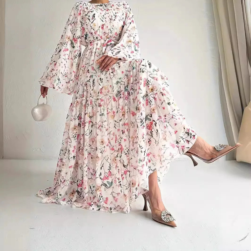 M&T Wear -  Floral Chiffon Abaya plus Dress with Belt