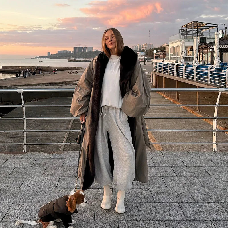 M&T Wear - Oversize Faux Fur Collar Lace-Up Fashion Long Coat