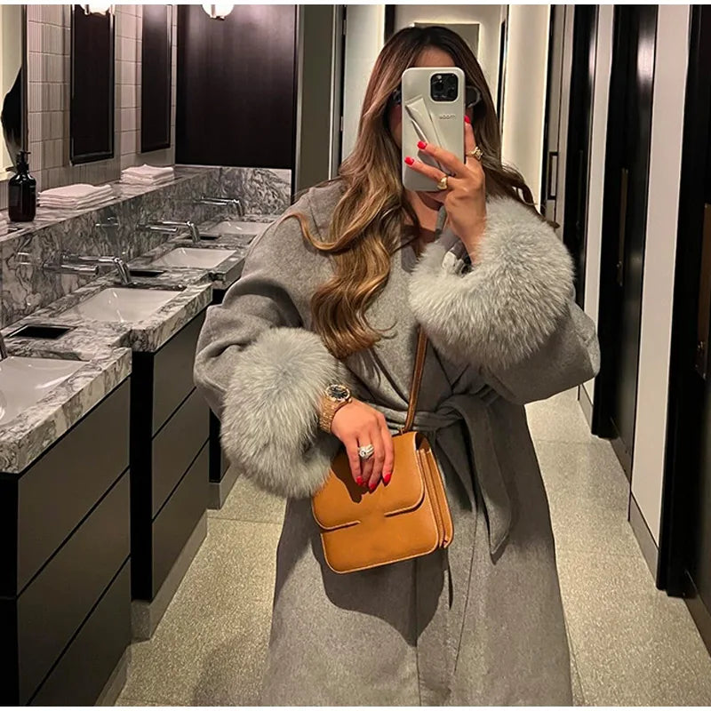 Elegant Solid Long Overcoat Women Turn-down Collar Lace Up Full Sleeve Classic Warm Coat 2025 New Lady Autumn Winter Casual Wear