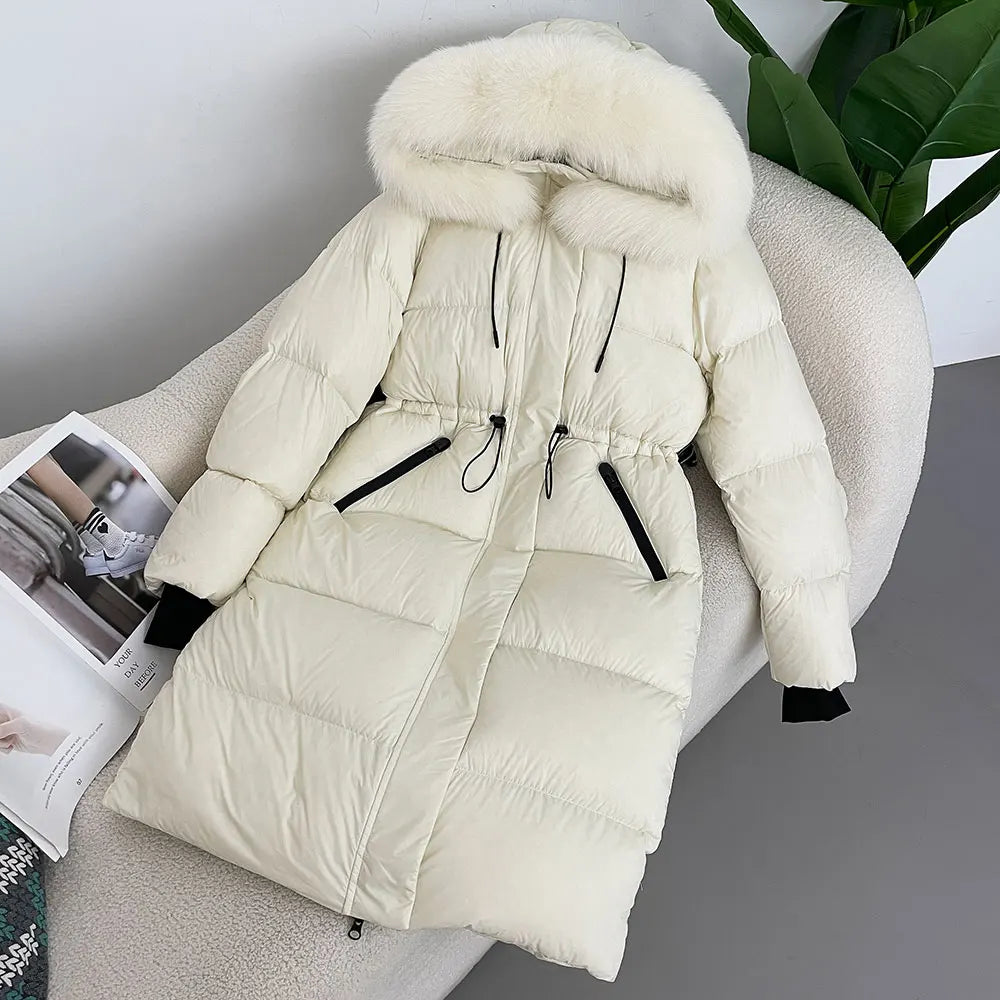 M&T Wear - Luxury Real Fox Fur Hooded White Duck Down Long Coat