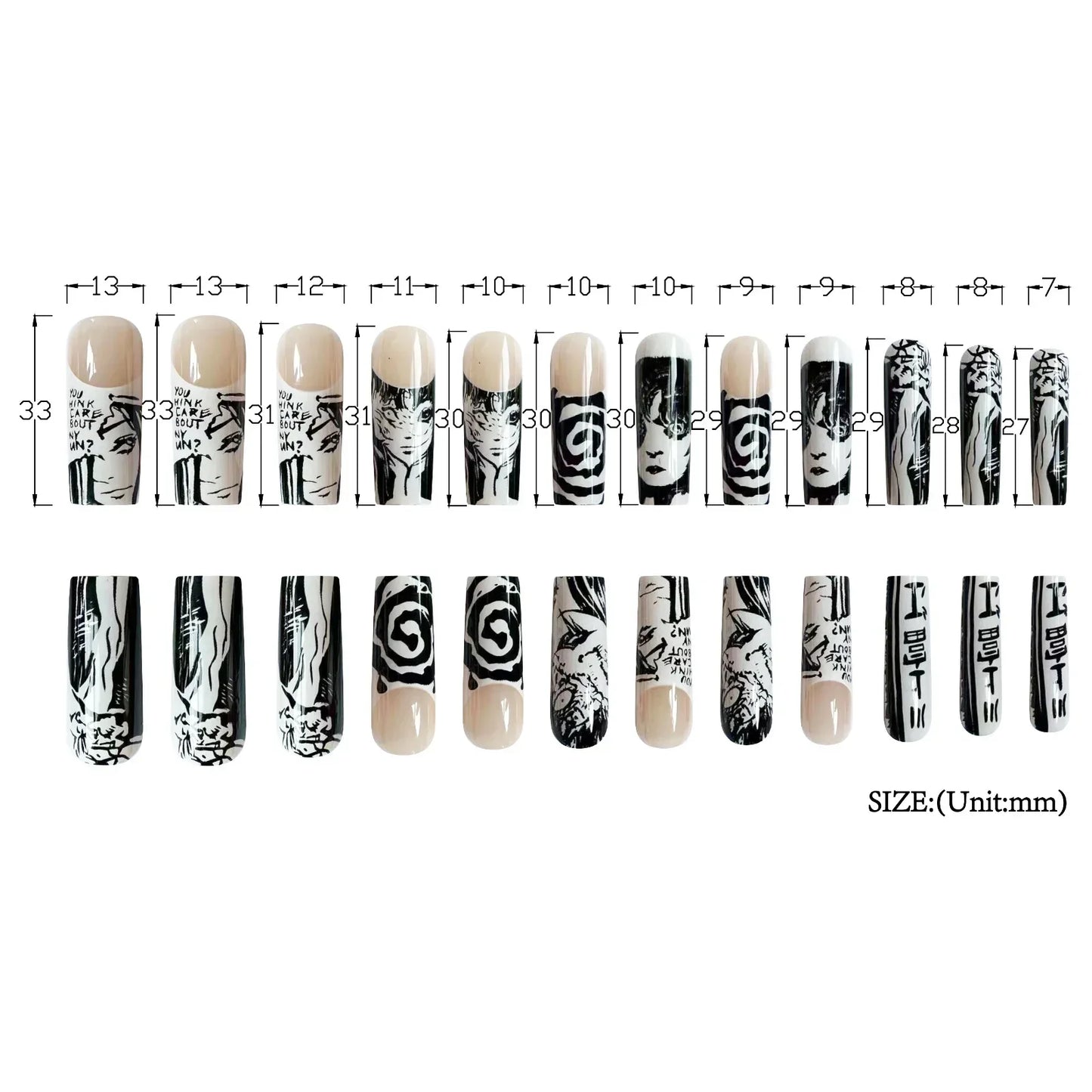 M&T Wear – 24PCS Black & White French Tips Press-On Nails with Anime Comics Design