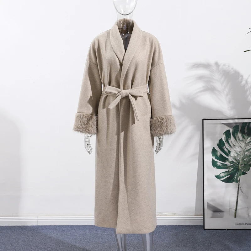 Elegant Solid Long Overcoat Women Turn-down Collar Lace Up Full Sleeve Classic Warm Coat 2025 New Lady Autumn Winter Casual Wear