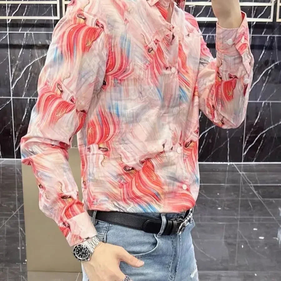 M&T Wear - Spring and Autumn High-end Long-sleeved Men's Fancy Shirt Micro-Stretched Slim Personalized Fashion Printed Shirt
