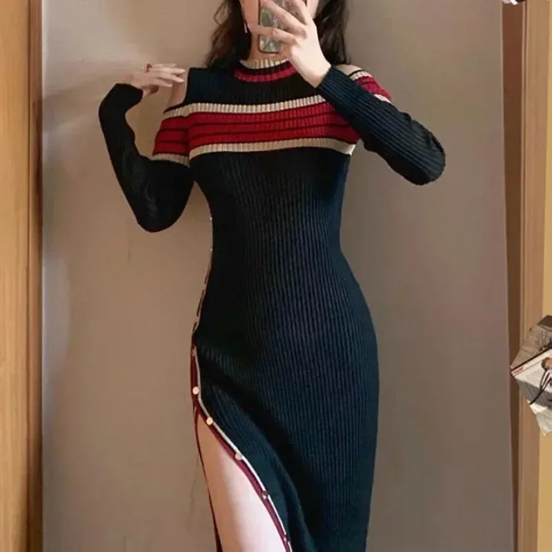 M&T Wear - Elegant Striped Bodycon Crochet Dress