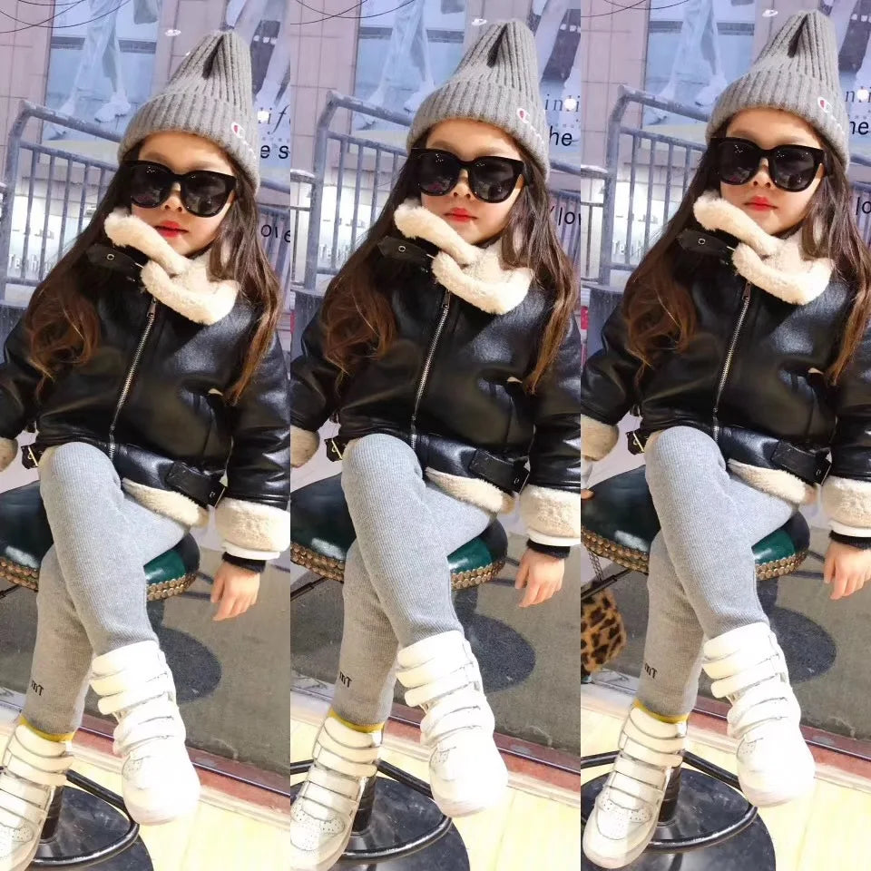 M&T Wear - Girls Jacket Leather Motorcycle Kids Coats Fleece Children Jacket Winter Autumn