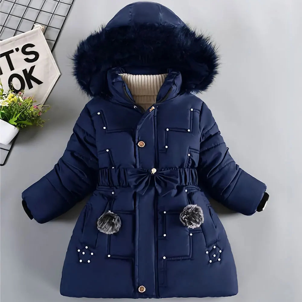 M&T Wear - Children's Winter Jacket Thick Warm Fur Collar Hood Beads Elastic Waist Teens Girls Down Coat,Fashion Windproof Kids Overcoat